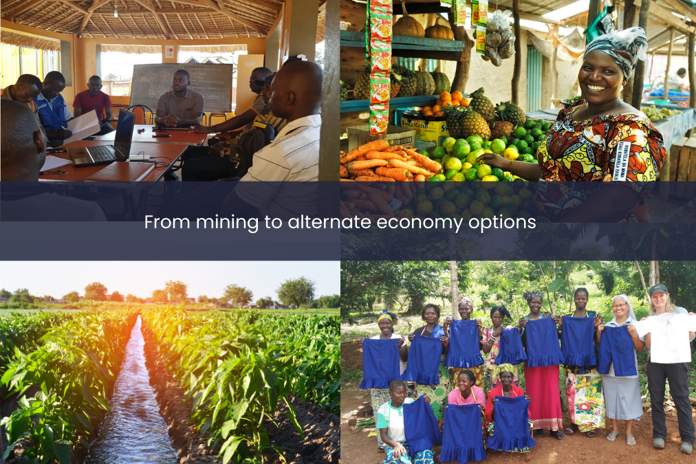 Collage showing a community meeting, a market trader with fresh produce, irrigated crop rows at sunrise, and a women’s sewing cooperative - illustrating post-mining livelihood options.